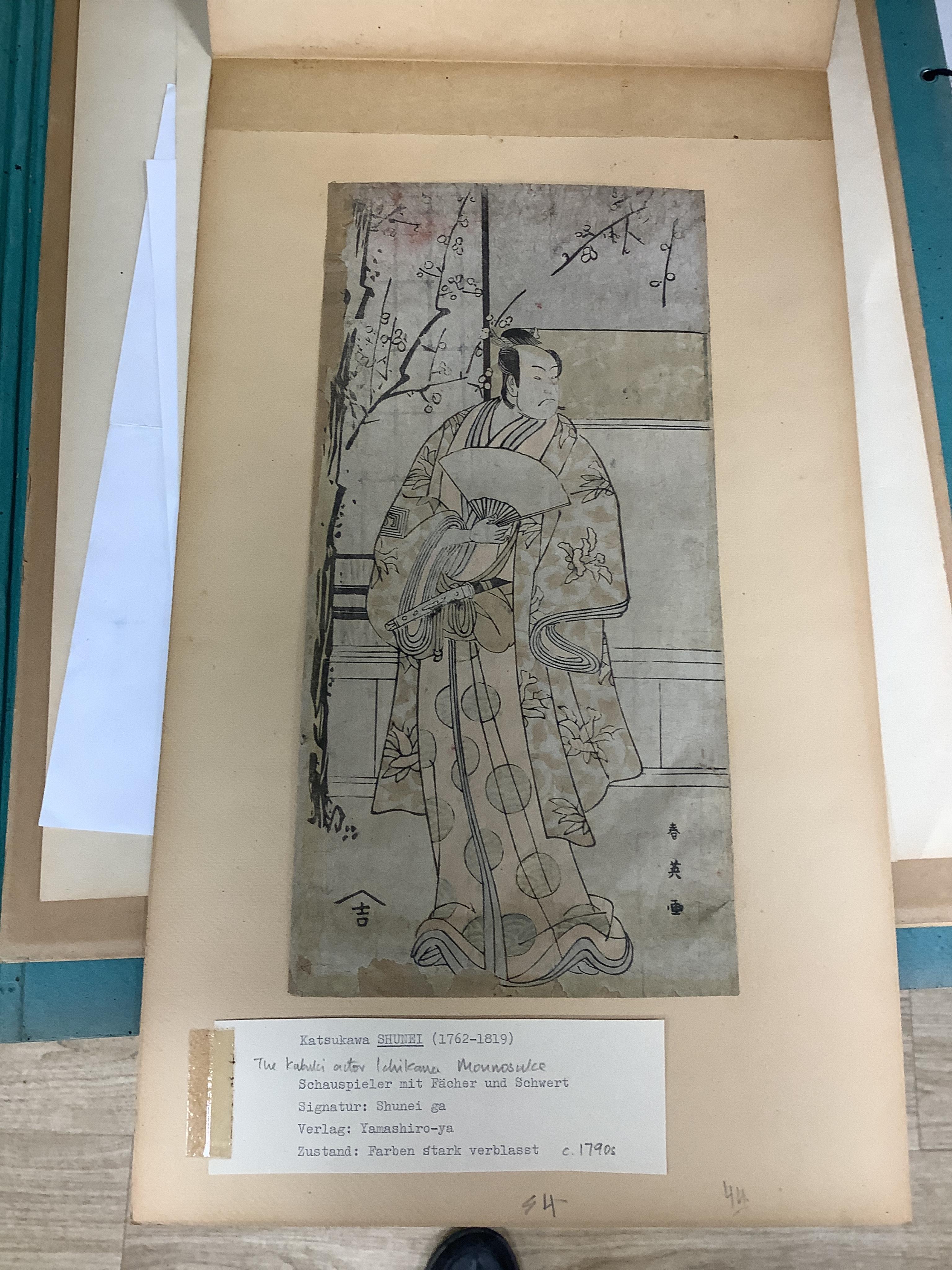 Four Japanese woodblock prints to include works by Torii Kiyotsune, Kitagawa Utamaro and Ichiarkutei Eisui, Women wearing kimonos and kabuki actors largest 37 x 24cm, mounted, unframed. Condition - fair